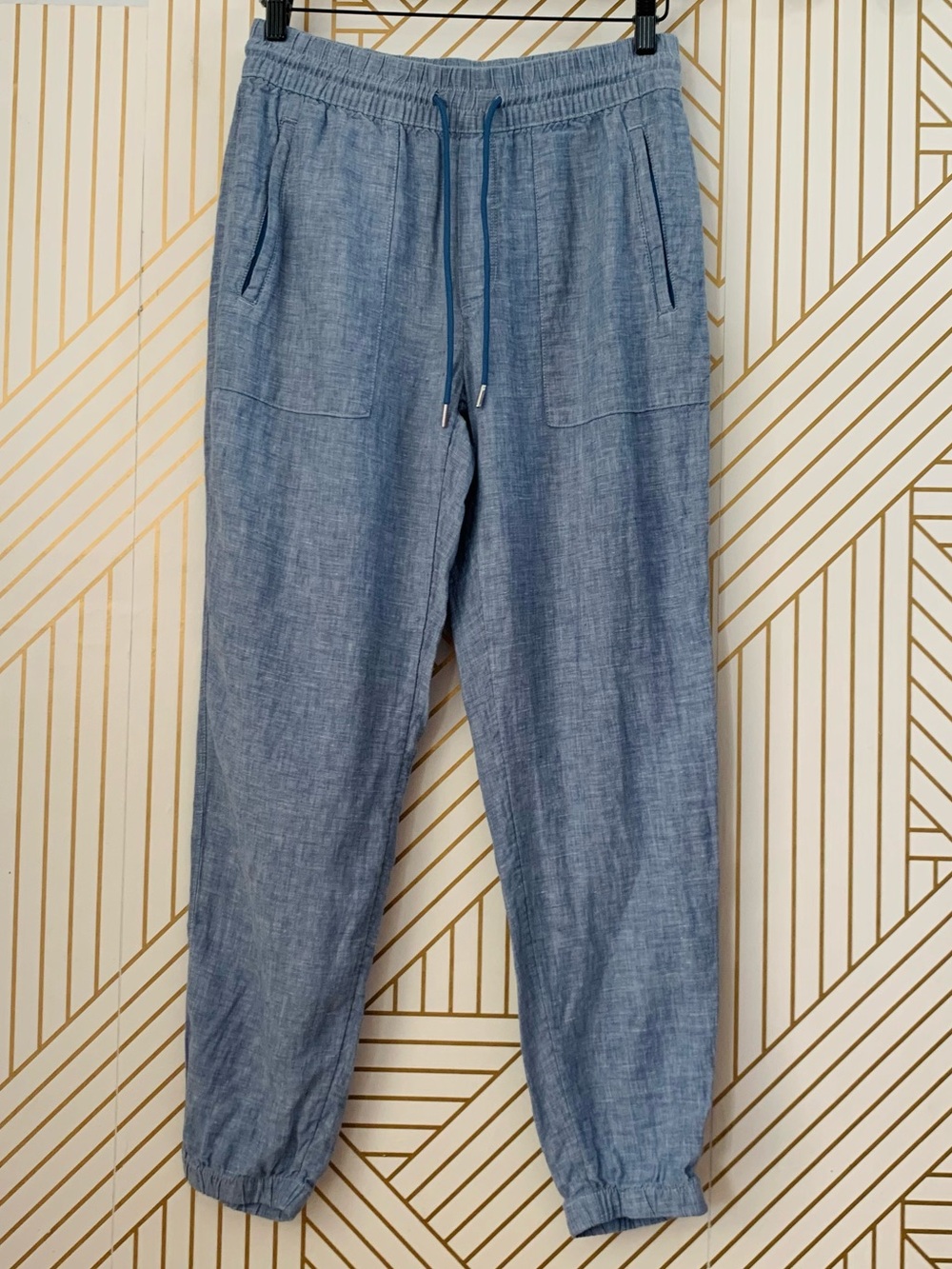 Athleta Retreat 100% Linen Joggers Chambray Blue High Rise Beachy Coastal 6